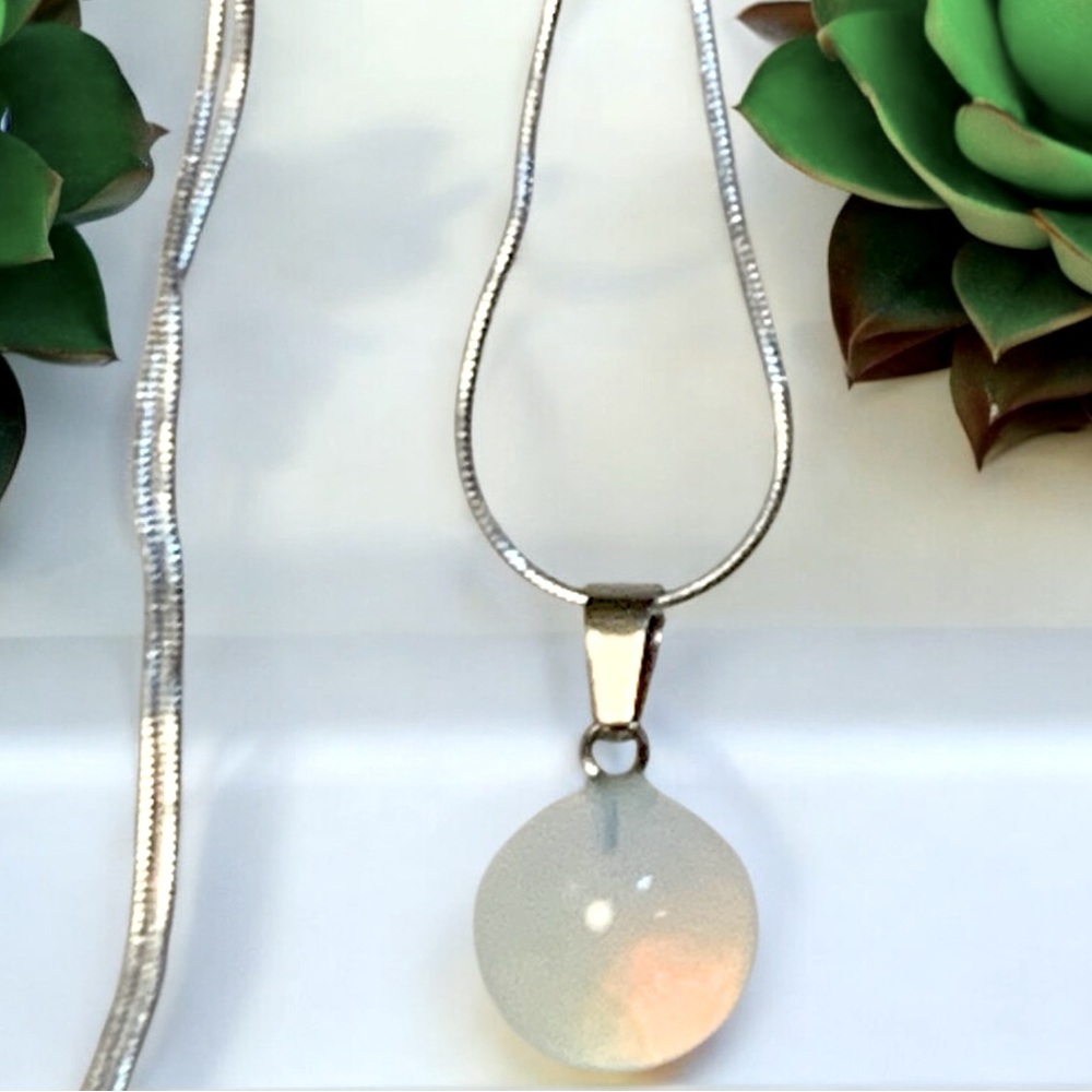 Moonstone Round Pendant & Sterling Necklace With Snake Chain & Lobster Clasp